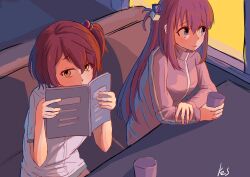  2girls absurdres artist_name blue_eyes bocchi_the_rock! book brown_hair chinese_commentary commentary_request cup gotoh_hitori hair_bobbles hair_ornament highres indoors k2s komari_chika long_hair long_sleeves make_heroine_ga_oo_sugiru! multiple_girls open_book redhead shirt short_hair short_ponytail short_sleeves side_ponytail sitting sketch track_suit trait_connection white_shirt window 