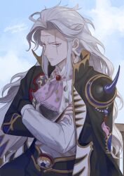  1boy ascot black_coat coat coat_on_shoulders crossed_arms final_fantasy final_fantasy_vi gem grey_hair highres kataage_imotaro long_hair male_focus parted_bangs purple_ascot red_gemstone scar scar_across_eye scar_on_chin scar_on_face scar_on_forehead setzer_gabbiani shirt shoulder_spikes sidelocks single_shoulder_pad solo spikes twitter_username upper_body white_shirt 