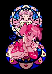  1girl absurdres black_background bow bubble_skirt commentary dot_nose dress gloves goddess_madoka hair_bow hair_ribbon highres hugging_own_legs kaname_madoka kaname_madoka_(magical_girl) lolita_fashion looking_at_viewer magical_girl mahou_shoujo_madoka_magica mahou_shoujo_madoka_magica_(anime) marikyuunn pink_eyes pink_hair puffy_sleeves ribbon short_hair short_twintails simple_background sitting skirt smile solo stained_glass sweet_lolita symbol-only_commentary twintails white_gloves 