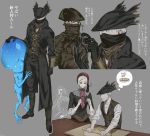  arizuka_(catacombe) bloodborne blue_eyes celestial_emissary doll doll_joints dough eldritch_abomination hat highres hunter_(bloodborne) joints nodding plain_doll roller sleeves_rolled_up thought_bubble tricorne umbilical_cord 