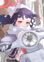  1girl absurdres beanie blue_archive blush box cardboard_box driving fuuka_(blue_archive) halo hat highres knees_up kumakono on_scooter outdoors purple_hair red_eyes scarf sitting snow snowing solo white_hat white_scarf 