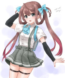  1girl arm_warmers asagumo_(kancolle) ascot backpack bag blue_ascot bow braid brown_hair collared_shirt cowboy_shot dress_shirt green_eyes grey_skirt hair_bow kantai_collection kitagawa_mikio one-hour_drawing_challenge plaid_ascot plaid_clothes shirt short_sleeves skirt smile solo suspender_skirt suspenders twin_braids white_shirt 