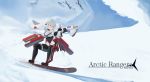  1girl assault_rifle day exoskeleton goggles gun highres holding holding_gun holding_weapon mecha_musume natori_youkai orange_eyes original outdoors rifle science_fiction short_hair silver_hair snow snowboard snowboarding solo thrusters weapon 