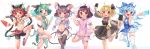  6+girls absurdres ahoge animal_ears ass bangs bell bike_shorts black_dress black_legwear black_ribbon blonde_hair blue_bow blue_dress blue_eyes blue_hair bow brown_hair bunny_girl bunny_tail carrot_necklace cat_ears cat_girl cat_tail chen china_dress chinese_clothes cirno crystal crystal_earrings dress earrings fairy_wings fang fangs food green_bow green_dress green_eyes green_hair grey_hair hair_bow hair_ribbon hat highres ibaraki_natou inaba_tewi jewelry jingle_bell kasodani_kyouko leg_garter leg_up looking_at_viewer looking_away mouse_ears mouse_tail multiple_girls navel nazrin necklace nekomata open_mouth panties pink_dress popsicle rabbit_ears red_bow red_eyes ribbon ribbon_trim rumia shoes short_hair side-tie_panties side_slit simple_background smile tail thigh-highs touhou underwear watermelon_bar white_background white_legwear wings yellow_bow 
