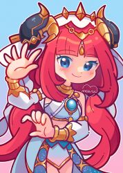  1girl blue_gemstone blush bracer breasts brooch circlet commentary crop_top dancer detached_sleeves dot_nose english_commentary fake_horns gem genshin_impact gold_trim harem_outfit highres horns jewelry long_hair long_sleeves looking_at_viewer marikyuunn medium_breasts neck_ring nilou_(genshin_impact) redhead smile solo stomach twintails veil very_long_hair white_headdress white_veil 