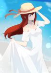  1girl absurdres bangs breasts closed_mouth collarbone day dress eyebrows_visible_through_hair floating_hair hair_between_eyes half-closed_eyes hat hat_ribbon highres long_dress long_hair makise_kurisu off-shoulder_dress off_shoulder outdoors pink_ribbon redhead ribbon skirt_hold small_breasts smile solo steins;gate straight_hair sun_hat sundress tayutau0a0 very_long_hair white_dress white_headwear 