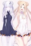  2girls abigail_williams_(fate/grand_order) abigail_williams_(swimsuit_foreigner)_(fate) abigail_williams_(swimsuit_foreigner)_(fate)_(cosplay) absurdres bangs bare_shoulders black_bow black_swimsuit blonde_hair blue_eyes blush bow braid braided_bun breasts closed_mouth cosplay covered_navel double_bun dress_swimsuit fate/grand_order fate_(series) forehead hand_on_own_chest highres horns keyhole lavinia_whateley_(fate/grand_order) long_hair looking_at_viewer multiple_bows multiple_girls open_mouth orange_bow parted_bangs sidelocks simple_background single_horn small_breasts smile swimsuit thighs twintails violet_eyes watosu white_background white_hair white_skin white_swimsuit wide-eyed 