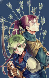  2boys absurdres arrow_(projectile) artist_name back-to-back bow_(weapon) commentary edo-sama english_commentary fingerless_gloves fire_emblem fire_emblem:_radiant_dawn gloves green_eyes green_hair height_difference highres holding holding_bow_(weapon) holding_weapon long_hair looking_at_viewer male_focus multiple_boys parted_lips ponytail redhead rolf_(fire_emblem) shinon_(fire_emblem) short_hair smile upper_body weapon 