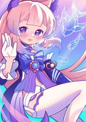  1girl absurdres bare_shoulders blunt_bangs blush bow bow-shaped_hair bubble choker colored_tips commentary dot_nose fish frilled_sleeves frills genshin_impact gloves gradient_hair half_gloves highres lace-trimmed_choker lace_trim long_hair looking_at_viewer marikyuunn multicolored_hair pink_hair sangonomiya_kokomi shorts smile solo symbol-only_commentary thigh-highs underwater very_long_hair violet_eyes vision_(genshin_impact) white_gloves white_shorts 