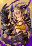  1girl armor bare_shoulders belt blonde_hair briar_rose_(sinoalice) closed_eyes eyebrows_visible_through_hair floating heri navel navel_cutout parted_lips short_hair sinoalice solo spikes spiral thorns 
