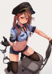  1girl :t between_breasts black_footwear black_gloves black_headwear black_shorts blue_shirt boots breast_pocket breasts brown_hair brown_legwear chair collared_shirt crop_top cuffs embarrassed frown fu-ta gloves green_eyes hair_ornament hairclip half_gloves handcuffs hat highres long_hair looking_at_viewer midriff navel necktie office_chair original pocket police police_hat police_uniform pout shirt shoes short_shorts short_sleeves shorts simple_background small_breasts solo stomach sweat sweatdrop thigh-highs thighs twintails uniform usami_taiga v-shaped_eyebrows white_background 