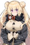 1girl aogisa black_jacket black_scarf blonde_hair blush breasts character_request closed_mouth double_bun eyebrows_visible_through_hair girls_frontline highres jacket large_breasts long_hair looking_at_viewer scarf solo sweater violet_eyes white_background yellow_sweater 