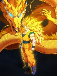  1boy absurdres black_background blue_eyes blue_footwear blue_sash blue_sclera blue_shirt blue_wristband boots claws clenched_hands collarbone colored_sclera commentary_request curtained_hair dougi dragon dragon_ball dragon_fist_(dragon_ball) eastern_dragon eastern_dragon_horns english_text glowing glowing_eyes gradient_outline green_eyes highres horang4628 korean_commentary muscular muscular_male no_pupils orange_pants orange_vest outline pants sash scales shirt solo_focus son_goku standing super_saiyan super_saiyan_3 twitter_username v-shaped_eyebrows vest watermark yellow_outline yellow_scales 