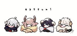  4boys ahoge animal_ears black_hair brown_hair chibi closed_eyes cow_boy cow_boy_(tsubaki_tsubaru) cow_ears cow_horns crying curly_hair deer_antlers deer_boy deer_boy_(tsubaki_tsubaru) deer_ears goat_boy goat_boy_(tsubaki_tsubara) goat_ears goat_horns hair_between_eyes horns love_letter multiple_boys object_hug open_mouth original platinum_blonde_hair sheep_boy sheep_boy_(tsubaki_tsubara) sheep_horns short_hair short_hair_with_long_locks signature sleeping sleeves_past_fingers sleeves_past_wrists stuffed_animal stuffed_sheep stuffed_toy tsubaki_tsubaru white_background white_hair 