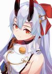 1girl absurdres armor bare_shoulders bow breasts fate/grand_order fate_(series) hair_bow hair_ornament headband highres horns japanese_armor kote large_breasts light_blush light_smile long_hair oni_horns red_bow red_eyes same_(sendai623) sideboob silver_hair solo tomoe_gozen_(fate/grand_order) upper_body very_long_hair white_headband 