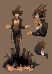 1girl alternate_costume alternate_hair_color animal animal_ears black_bow black_bowtie black_eyes black_hair black_pants bow bowtie choker collared_shirt cropped_torso double-parted_bangs flat_chest full_body gem gloves hair_between_eyes hands_up highres jacket kasane_teto leg_ribbon looking_at_viewer mao206327 musekinin_shuugoutai_(synthesizer_v) pants rabbit rabbit_ears ribbon shirt smile standing suit suit_jacket twin_drills twintails utau vocaloid white_shirt wing_collar yellow_gloves yellow_ribbon