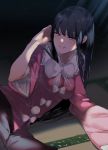  1girl asuzemu bangs black_hair blunt_bangs bow breasts commentary_request eyebrows_visible_through_hair grin hime_cut houraisan_kaguya japanese_clothes kimono light_particles light_rays long_sleeves looking_at_viewer lounging medium_breasts nail_polish pink_eyes pink_kimono pink_nails shadow smile solo straight_hair sweat tatami teeth touhou upper_body white_bow wide_sleeves 