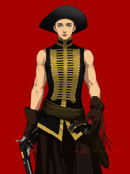 1boy belt black_hat black_shirt blue_eyes brown_belt closed_mouth cowboy_shot dated eyelashes gun handgun hat highres looking_at_viewer male_focus masked_bandit_(the_fall) red_background shirt short_hair simple_background sleeveless sleeveless_shirt solo the_fall toned toned_male weapon yoku_(liuyc) 