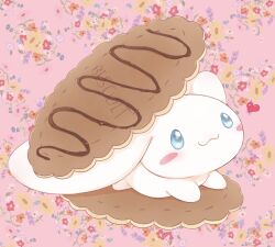  animal_focus blue_eyes blush blush_stickers cinnamoroll closed_mouth cookie dog food fuwa_fuwa_cinnamoroll heart looking_up lying no_humans pyon_ko sanrio smile white_dog 