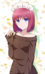  1girl absurdres azami_masurao bangs blue_eyes brown_sweater collarbone dress heart highres hisui long_sleeves looking_at_viewer maid_headdress off-shoulder_sweater off_shoulder redhead shiny shiny_hair short_hair sleeves_past_wrists solo standing sweater sweater_dress tsukihime white_background 