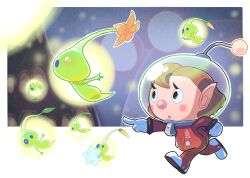  1girl :o black_eyes blue_eyes blush_stickers bud clenched_hand colored_skin eyelashes flower flying full_body gloves glow_pikmin glowing green_skin helmet highres holding jumpsuit kopa_nishikida leaf lumiknoll night open_mouth outline outside_border outstretched_arm pikmin_(creature) pikmin_(series) pikmin_4 pointing pointing_forward pointy_ears radio_antenna red_jumpsuit redhead rescue_officer_(pikmin) running shoes short_hair solid_circle_eyes space_helmet spacesuit whistle white_background white_footwear white_gloves white_outline yellow_flower 