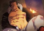  1boy abs animal_ears bara bear_ears black_coat black_eyes black_hair blush chest coat feet_out_of_frame fur_trim grin highres hood hoodie male_focus muscle navel nipples open_clothes open_hoodie original pants pectorals short_hair smile solo st05254 white_pants 