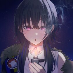  1girl black_hair cigarette collared_shirt crossed_bangs earrings fire fur-trimmed_jacket fur_trim highres holding holding_lighter ichinose_uruha ichinose_uruha_(4th_costume) jacket jewelry lighter lighting_cigarette looking_at_viewer lupinus_virtual_games medium_hair multicolored_hair portrait shirt single_bare_shoulder single_off_shoulder sleeveless sleeveless_shirt smoke smoking solo streaked_hair stud_earrings toma_(zi15866) violet_eyes virtual_youtuber vspo! white_shirt wispy_bangs wolf_cut 