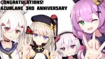  4girls ;d absurdres animal_ears anniversary ayanami_(azur_lane) azur_lane bangs bare_shoulders beret black_choker black_hairband black_headwear black_ribbon blue_sailor_collar blush bow choker collarbone commentary_request congratulations cross_hair_ornament crown eyebrows_visible_through_hair fake_animal_ears fuki_to_takenoko green_eyes hair_between_eyes hair_bow hair_ornament hair_ribbon hairband hat head_tilt headgear headphones headphones_around_neck high_ponytail highres iron_cross javelin_(azur_lane) laffey_(azur_lane) light_brown_hair long_hair looking_at_viewer middle_w mini_crown multiple_girls neckerchief one_eye_closed open_mouth orange_eyes parted_lips platinum_blonde_hair ponytail purple_hair purple_neckwear rabbit_ears red_eyes retrofit_(azur_lane) ribbon sailor_collar shirt short_hair sidelocks simple_background sleeveless sleeveless_shirt smile striped striped_bow tilted_headwear twintails upper_body violet_eyes white_background white_hair white_shirt yellow_neckwear z23_(azur_lane) 