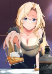  1girl alcohol alternate_costume blonde_hair blue_eyes blurry blush bottle breasts closed_mouth collarbone cup depth_of_field drinking_glass grey_sweater highres holding holding_cup hornet_(kantai_collection) ice kantai_collection komb large_breasts long_hair off-shoulder_sweater off_shoulder reaching_out short_sleeves smile solo sweater 