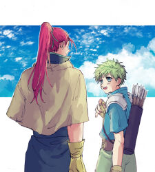  2boys arrow_(projectile) cape commentary_request fire_emblem fire_emblem:_path_of_radiance green_eyes green_hair long_hair male_focus multiple_boys nmnm_bbb ponytail quiver redhead rolf_(fire_emblem) shinon_(fire_emblem) short_hair sky 