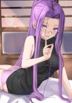  1girl absurdres ass bangs bare_shoulders black_shirt blush breasts fate/stay_night fate_(series) forehead glasses highres kesoshirou large_breasts long_hair looking_at_viewer lying on_stomach open_mouth panties parted_bangs pink_panties purple_hair rider shirt sidelocks smile underwear very_long_hair violet_eyes 