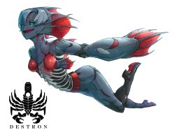 1girl belt black_footwear black_sclera coelacanth_kid colored_sclera colored_shoe_soles colored_skin commentary cyborg eidenjyou1997 english_commentary fins fish_girl full_body genderswap genderswap_(mtf) green_eyes grey_hair grey_skin head_fins highres kamen_rider kamen_rider_v3_(series) logo monster_girl open_mouth red_belt sharp_teeth simple_background solo swimming teeth white_background