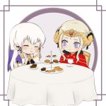 2girls blush cake closed_eyes commentary commission cookie cup eating edelgard_von_hresvelg english_commentary fire_emblem fire_emblem:_three_houses food heart highres long_hair looking_at_another lysithea_von_ordelia muffin multiple_girls pyon-chart table tea teacup white_hair 