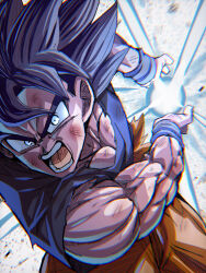  1boy battle black_hair blue_shirt blue_wristband bruise chiro_illust commentary_request curtained_hair derivative_work dragon_ball energy_orb grey_eyes highres injury kamehameha_(dragon_ball) looking_at_viewer male_focus medium_hair muscular muscular_male open_mouth orange_pants pants pectorals screenshot_redraw shirt solo son_goku spiky_hair teeth tongue torn_clothes torn_pants torn_shirt ultra_instinct v-shaped_eyebrows white_background 
