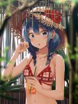  1girl :o absurdres bangs bikini blue_eyes blue_hair blush braid breasts drink earrings flower hair_between_eyes hair_over_shoulder hat hat_flower highres hololive hoshimachi_suisei jewelry long_hair looking_at_viewer mawaru33 plaid plaid_bikini red_bikini small_breasts solo star_(symbol) star_earrings star_in_eye straw_hat swimsuit symbol_in_eye twin_braids upper_body virtual_youtuber yellow_nails 