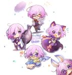  absurdres animal_ears armor bag bakkanda bodysuit closed_eyes fake_animal_ears fake_tail fate/grand_order fate_(series) fou_(fate) glasses handbag highres holding holding_shield holding_weapon hood hoodie mash_kyrielight mash_kyrielight_(dangerous_beast) mash_kyrielight_(senpai_killer_outfit) open_mouth purple_hair purple_legwear ribbon shield simple_background skirt smile tail thigh-highs violet_eyes weapon white_background 