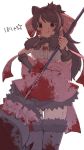  1girl :q alenka animal_ears back_bow backlighting bangs bear_ears bear_girl bear_paw_hammer bergman&#039;s_bear_(kemono_friends) black_eyes black_hair blood blood_on_face blood_splatter bloody_clothes bloody_hands bloody_weapon bow bowtie bracer center_frills closed_mouth commentary_request empty_eyes extra_ears eyebrows_visible_through_hair feet_out_of_frame frills fur_trim hair_bow hand_on_hip hand_up highres holding holding_weapon huge_bow kemono_friends licking_lips long_hair looking_down shirt sidelocks simple_background skirt smile solo swept_bangs tongue tongue_out weapon white_background 