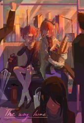  2others 3girls a.i._voice adachi_rei apartment apple bag baguette black_shirt black_thighhighs bottle bread building closed_mouth collared_shirt crossed_legs flat_chest food fruit full_body gloves handbag headlamp highres holding holding_bag jacket kasane_teto kikai_shoujo_to_misoji_ol_(utau) mao206327 multiple_girls multiple_others office_lady open_clothes open_jacket orange_eyes orange_hair paper_bag ponytail radio_antenna shirt shorts side_ponytail sitting skirt skirt_set skirt_suit skyscraper suit suit_jacket thigh-highs train train_interior utau white_gloves white_jacket window wing_collar 