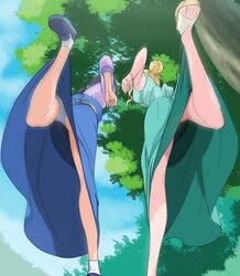  2girls black_hair blue_footwear blue_panties blue_skirt from_behind from_below fuurin_asumi green_skirt hair_bun haruyama_kazunori healin&#039;_good_precure legs multiple_girls no_panties panties precure running sandals sawaizumi_chiyu shoes short_hair skirt underwear white_footwear 