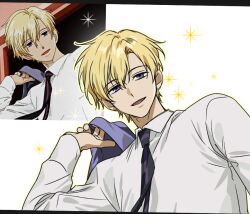  17_00 1boy blonde_hair blue_eyes commentary_request korean_commentary looking_at_viewer male_focus ouran_high_school_host_club ouran_high_school_uniform reference_inset school_uniform shirt short_hair solo sparkling_aura suou_tamaki upper_body white_background white_shirt 