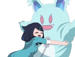  2girls blue_hair closed_eyes costume dot_(pokemon) hair_ornament hairclip hug liko_(pokemon) multiple_girls nidothing nihiro_(erxun11) open_mouth pokemon pokemon_(anime) pokemon_horizons simple_background smile white_background zipper 