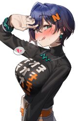  1girl :q absurdres belle_(zenless_zone_zero) belt black_nails black_shirt blue_hair blush breasts covering_face crossed_bangs earrings from_side green_eyes green_tea_(matchaistasty) hair_ornament hand_up heart heart-shaped_pupils highres jewelry large_breasts letter_hair_ornament looking_at_viewer looking_to_the_side necklace orange_belt shirt simple_background spoken_heart sweat symbol-shaped_pupils tongue tongue_out white_background zenless_zone_zero 