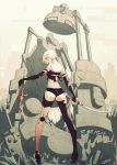  1girl after_battle back elbow_gloves from_behind gloves high_heels highres joints looking_at_viewer looking_back machine_(nier) nier_(series) nier_automata ozkh6 robot robot_joints short_hair short_shorts shorts silver_hair standing sword thong weapon yorha_type_a_no._2 