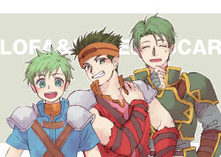  3boys armor boyd_(fire_emblem) brothers character_name closed_eyes commentary_request fire_emblem fire_emblem:_path_of_radiance green_armor green_eyes green_hair grin height_difference male_focus multiple_boys nmnm_bbb open_mouth oscar_(fire_emblem) rolf_(fire_emblem) short_hair siblings simple_background smile upper_body 
