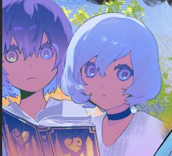  2boys black_choker blue_eyes blue_hair book choker closed_mouth commentary_request dark_blue_hair gapamopa hair_between_eyes heterochromia highres looking_at_viewer male_focus metaphor:_refantazio multiple_boys open_book open_mouth protagonist_(metaphor:_refantazio) shirt the_prince_(metaphor:_refantazio) upper_body v-neck white_hair white_shirt 