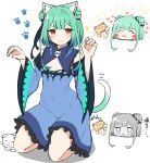  1girl :3 absurdres animal animal_ear_fluff animal_ears bangs black_ribbon blue_dress blue_sleeves blush_stickers cat cat_ears cat_girl cat_tail claw_pose closed_eyes closed_mouth commentary_request covered_navel crying detached_sleeves dress earrings eyebrows_visible_through_hair frilled_dress frills green_hair hair_ornament hair_ribbon hands_up heart highres hololive jewelry kemonomimi_mode long_hair long_sleeves looking_at_viewer moyoron multiple_views parted_lips red_eyes ribbon seiza shadow sidelocks sitting skull_earrings skull_hair_ornament sleeveless sleeveless_dress smile streaming_tears tail tears uruha_rushia v-shaped_eyebrows virtual_youtuber white_background wide_sleeves 