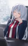  1girl ak-12_(girls_frontline) bangs black_jacket building chair closed_eyes closed_mouth collared_shirt computer desk eyebrows_visible_through_hair formal girls_frontline hand_on_own_cheek indoors jacket laptop long_hair red_shirt shirt sidelocks silver_hair sitting smile suit urano_ura white_neckwear window 