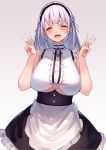  1girl absurdres apron azur_lane bangs bare_shoulders black_hairband blush breasts closed_eyes commentary_request dido_(azur_lane) eyebrows_visible_through_hair hairband hands_up highres huge_breasts long_hair maid open_mouth silver_hair sleeveless smile solo standing under_boob underboob_cutout waist_apron white_apron yamanokami_eaka 