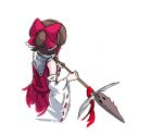  1girl back bow brown_eyes brown_hair collared_shirt cropped_torso cyczen detached_sleeves from_above from_behind hair_bow hair_tubes hakurei_reimu half_updo highres holding holding_spear holding_weapon polearm red_bow red_ribbon red_shirt red_skirt ribbon ribbon-trimmed_sleeves ribbon_trim shirt simple_background skirt skirt_set sleeveless sleeveless_shirt solo spear touhou two-handed weapon white_background wide_sleeves yellow_eyes 