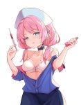  1girl 7eddy arknights black_choker blue_eyes blue_poison_(arknights) blue_shirt bra breasts choker collarbone hat holding holding_syringe licking_lips looking_at_viewer low_twintails nurse_cap pink_hair shirt short_hair simple_background small_breasts solo syringe tongue tongue_out twintails unbuttoned unbuttoned_shirt underwear white_background white_bra 